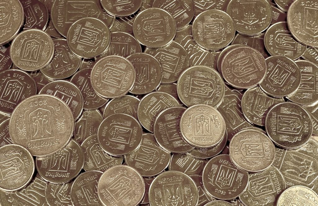 A large pile of coins from a Ukrainian bank