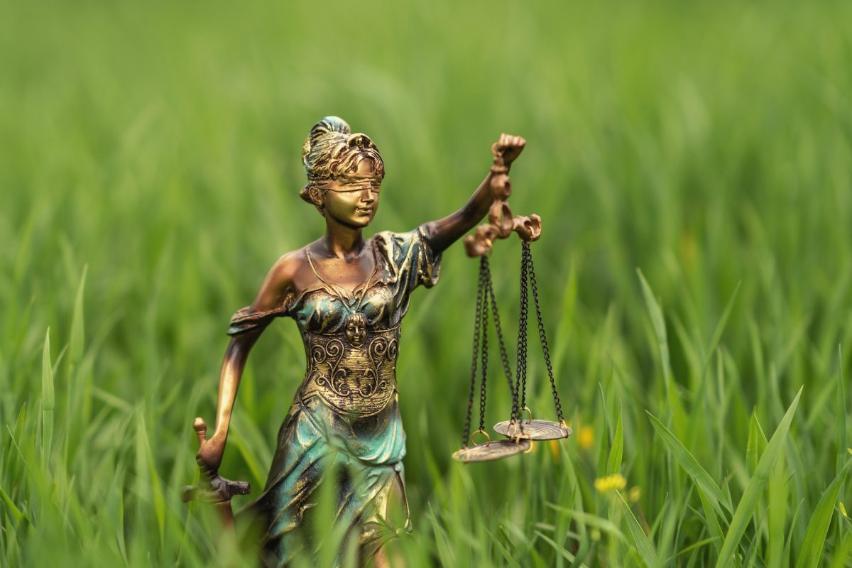 Statue of Themis on a green grass background. Symbol of justice and law, crime and punishment.